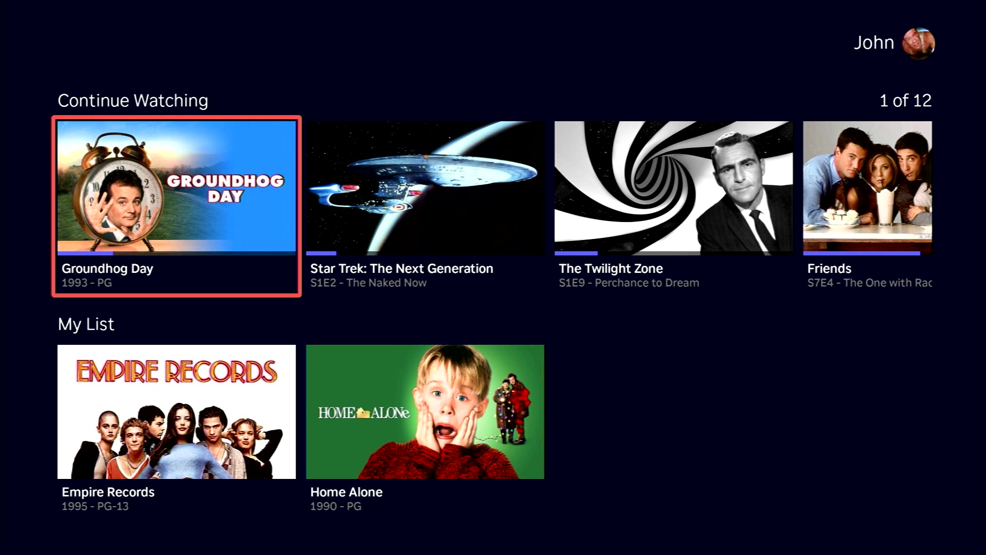 Home screen showing the My List row